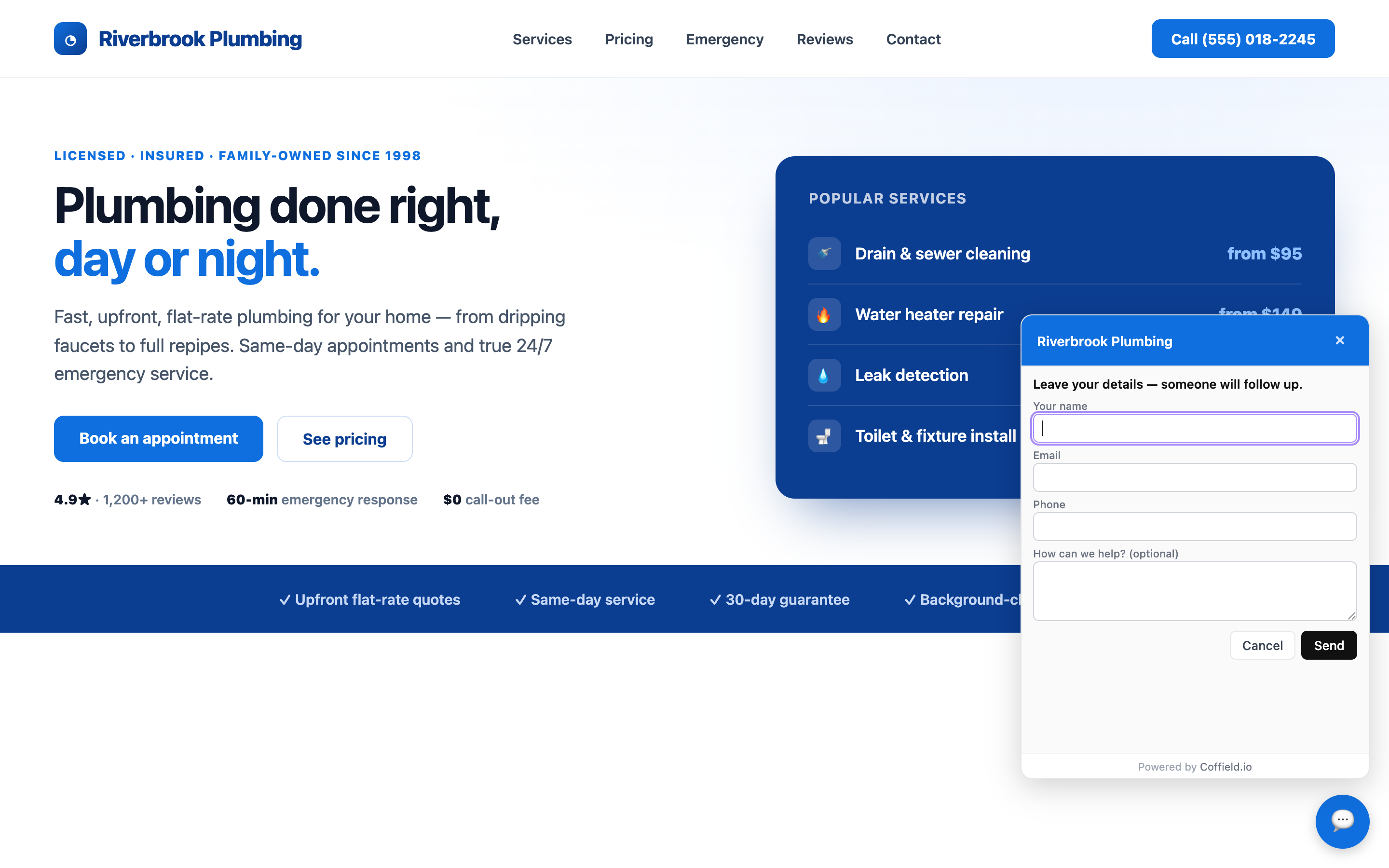 Built-in lead capture: visitors leave their name, email, and phone so a human can follow up.