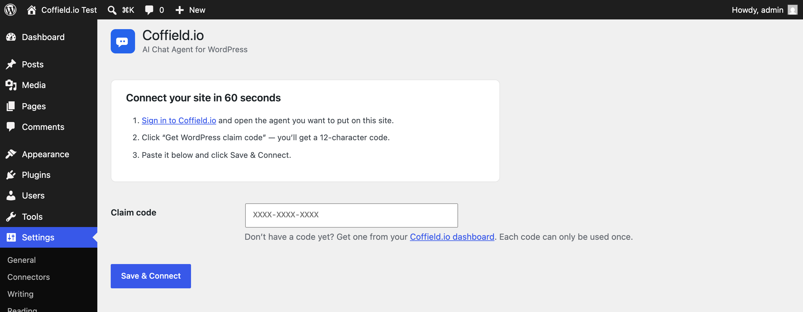 Setup in under a minute — paste your claim code and click Save & Connect. No theme editing.