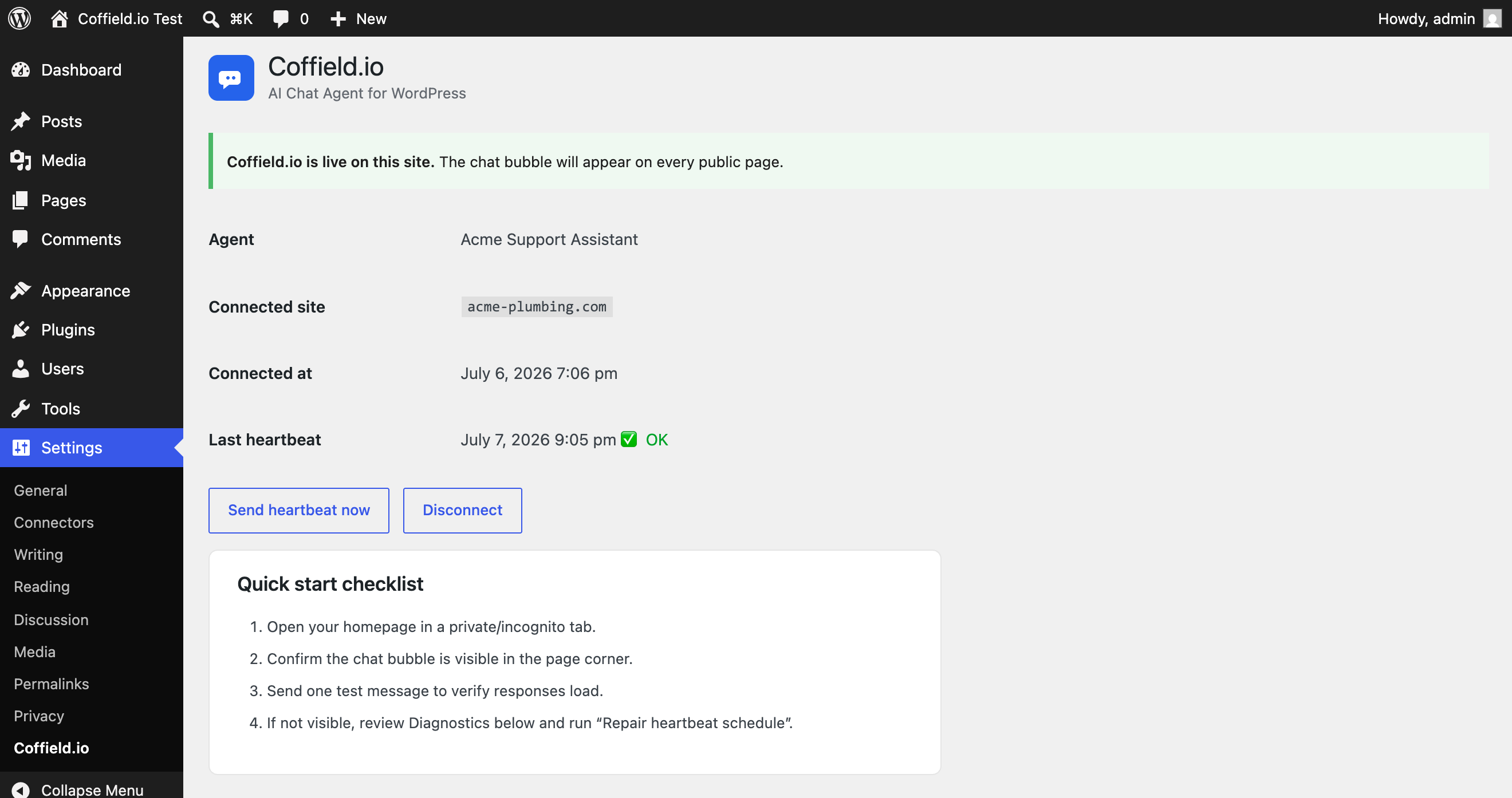 Connected status showing the agent name, live heartbeat health, and one-click disconnect.