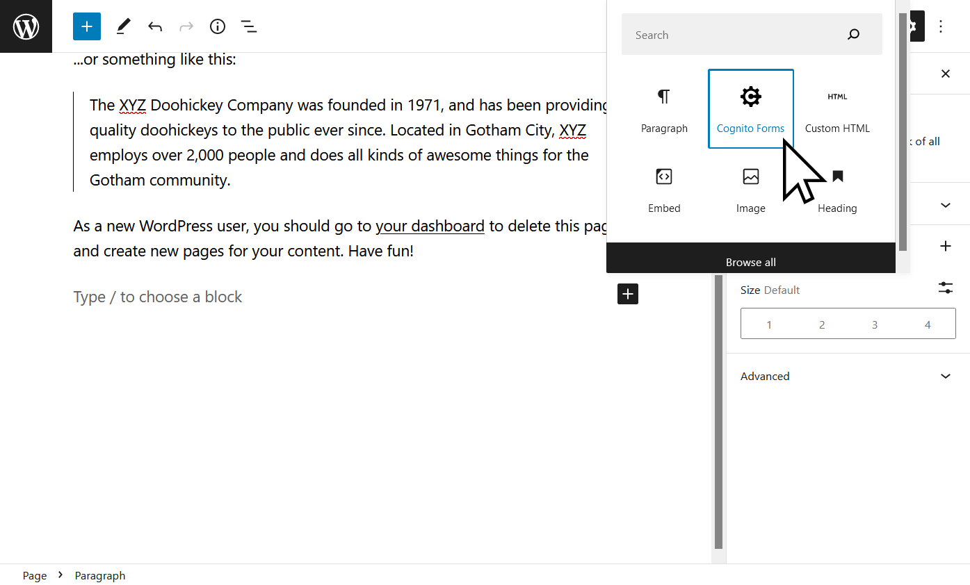 Select the Cognito Forms block.