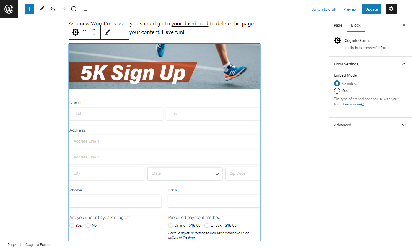 Your form is now embedded on the post/page.