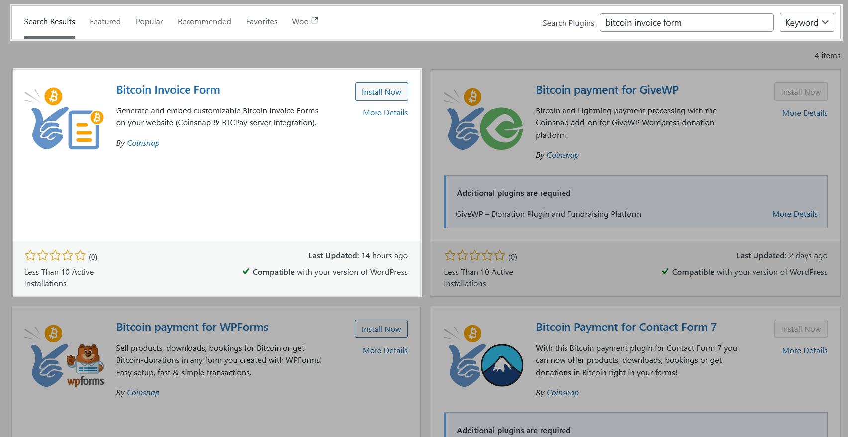 Coinsnap Bitcoin Invoice Form plugin with plugin search installation