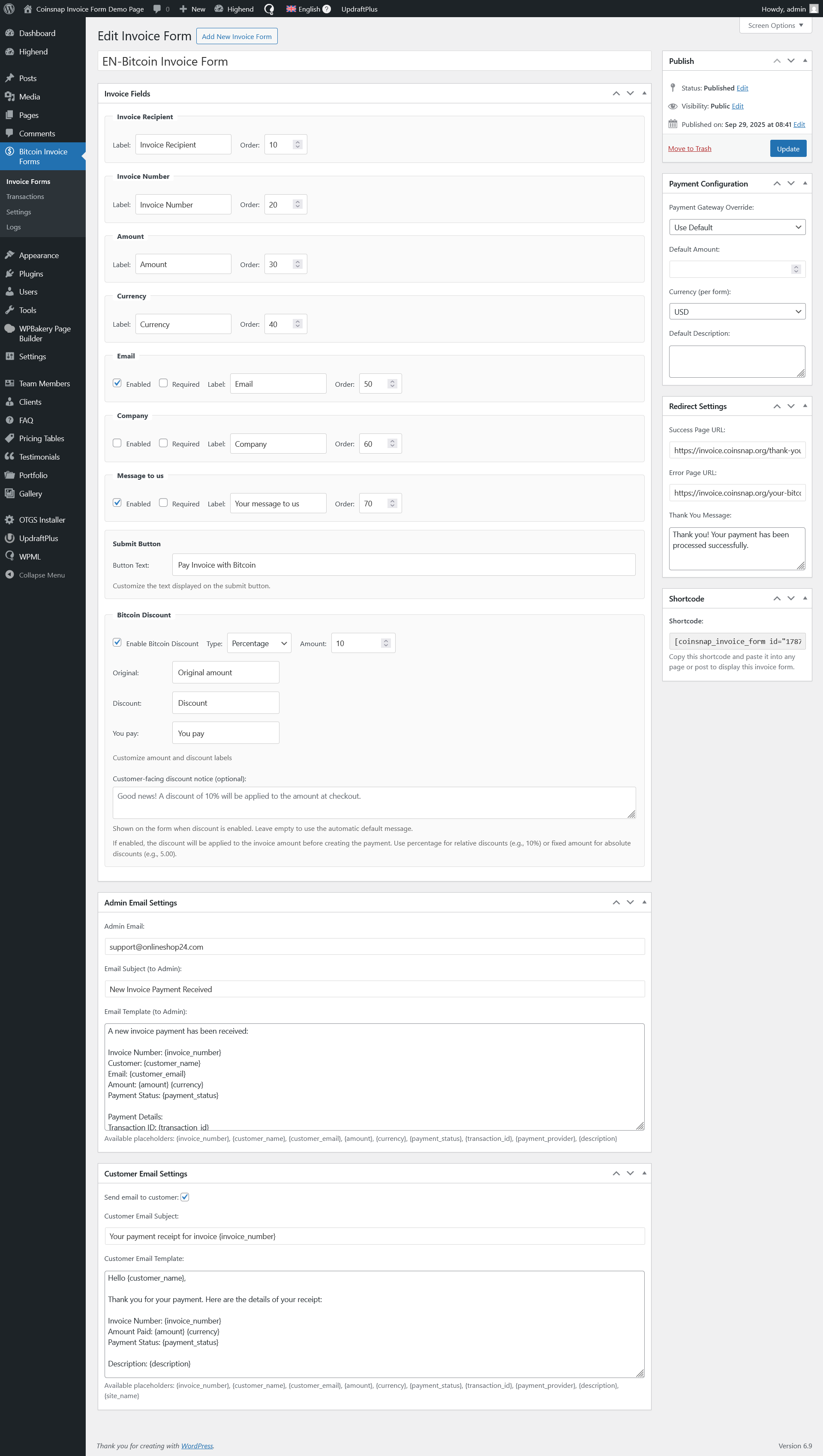 Bitcoin Invoice Forms settings form