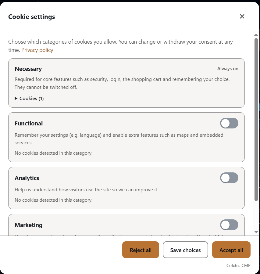 The settings window, where the visitor turns categories on or off and can see the cookies found in each one.