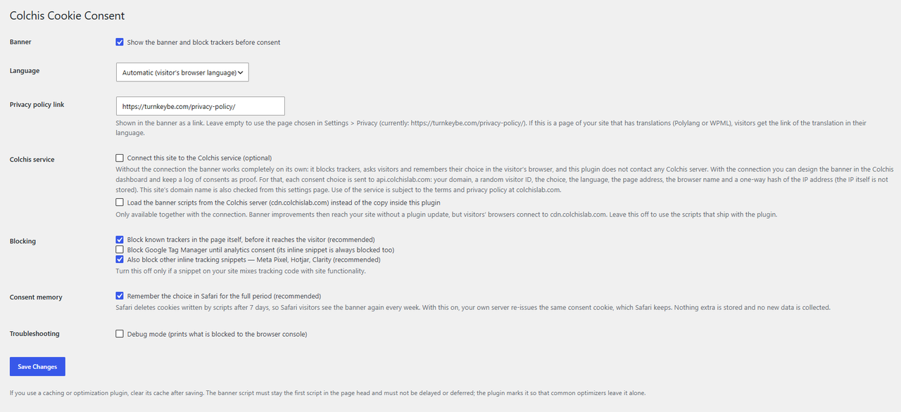 The plugin's settings page: everything it does is on one screen, and the connection to the Colchis service is off until you turn it on.