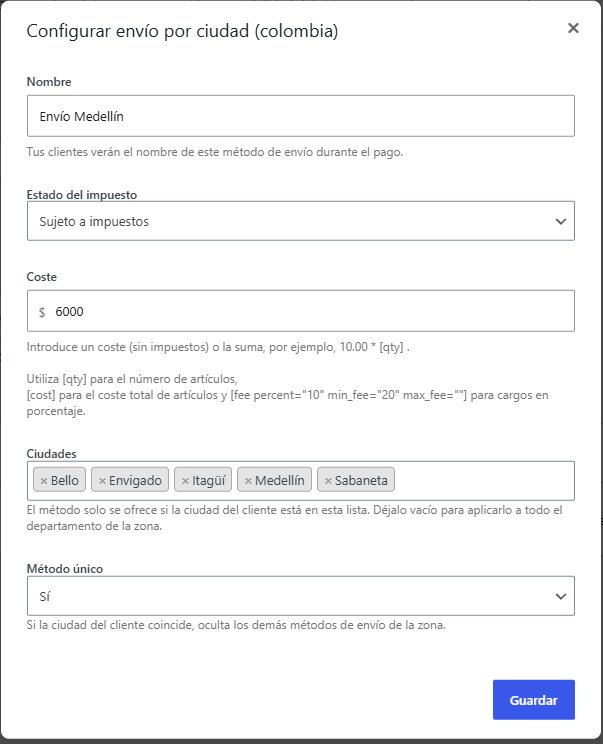 The "Shipping by city (Colombia)" method with the searchable city selector and the cost.
