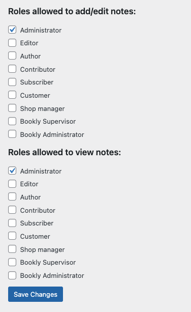 <strong>Settings page</strong>: Customize user role permissions for adding and viewing notes.