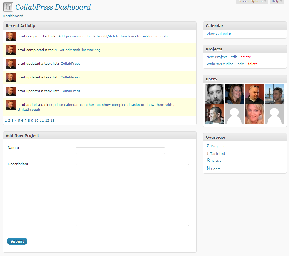 CollabPress Dashboard showing recent activity, users, overview, and more