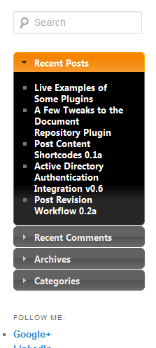 An accordion-style interface in the TwentyEleven WordPress theme's Main Sidebar, with the "UI Darkness" jQueryUI theme applied