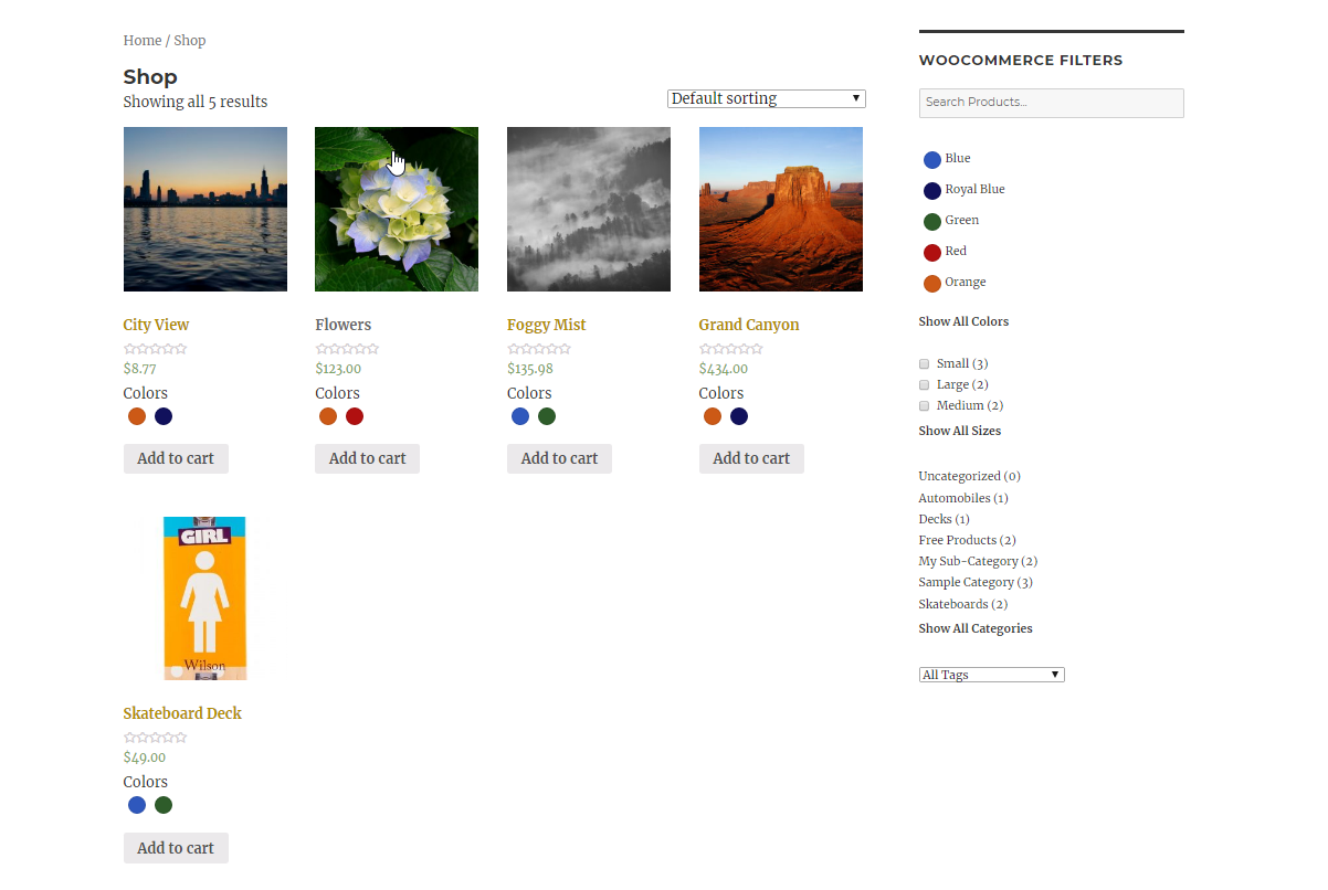 Shop page showing WooCommerce filters widget in right sidebar