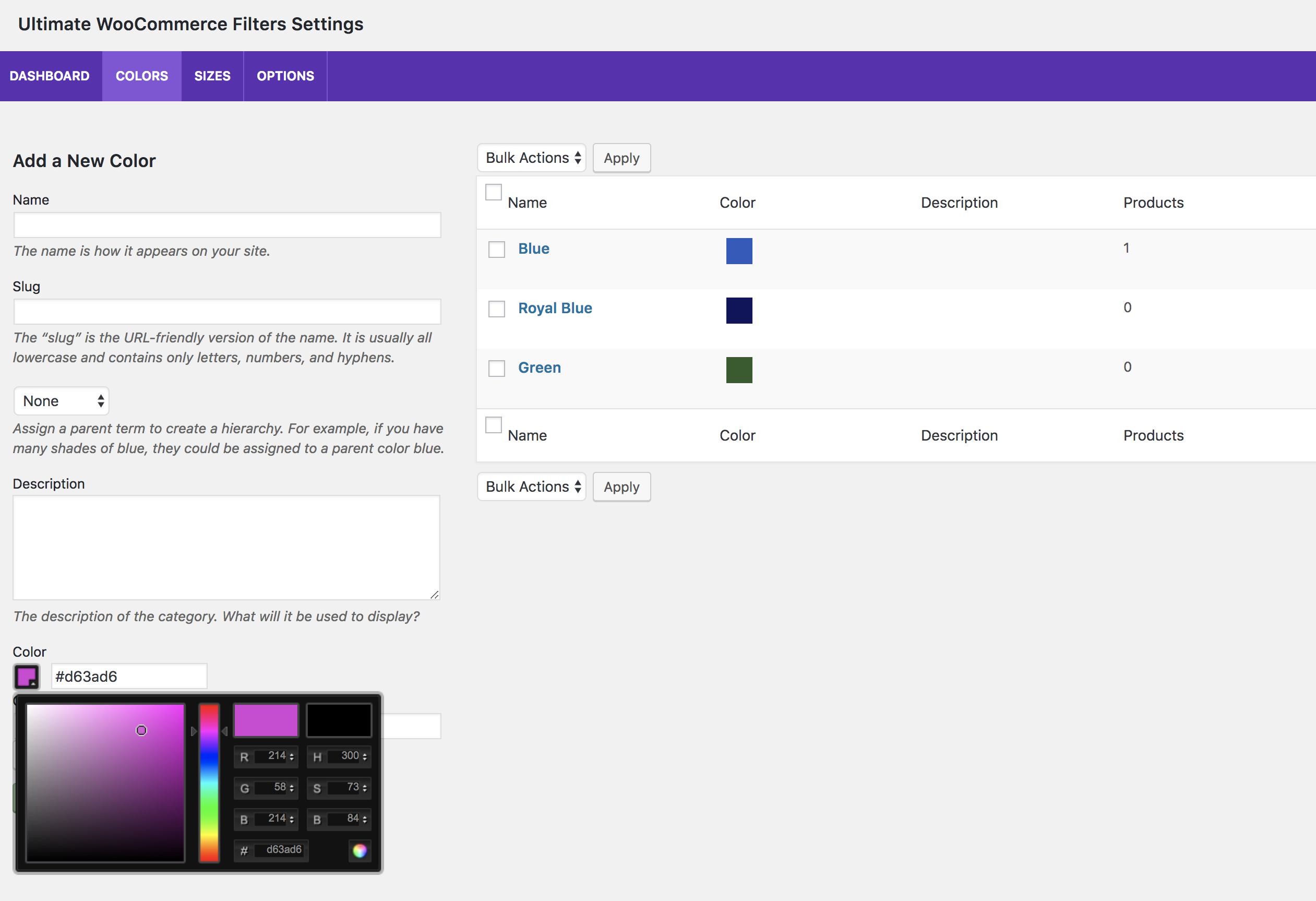 View of Colors tab in plugin admin