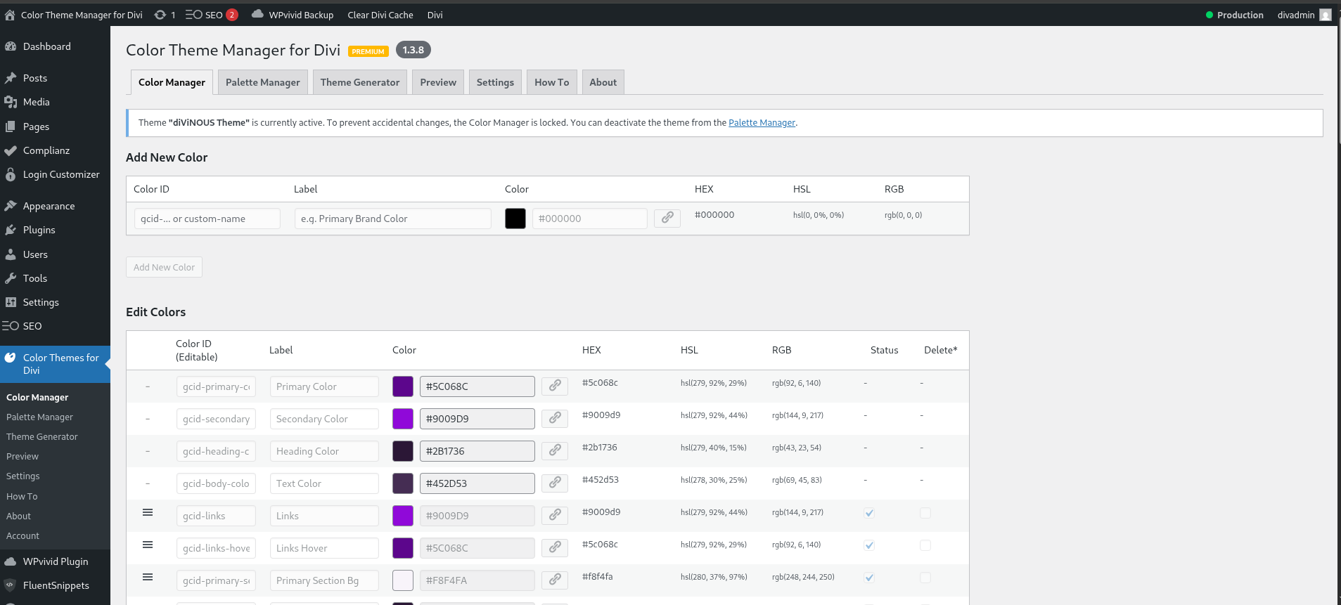 <p>The main "Color Manager" dashboard, showing the special colors and the global color grid.</p>