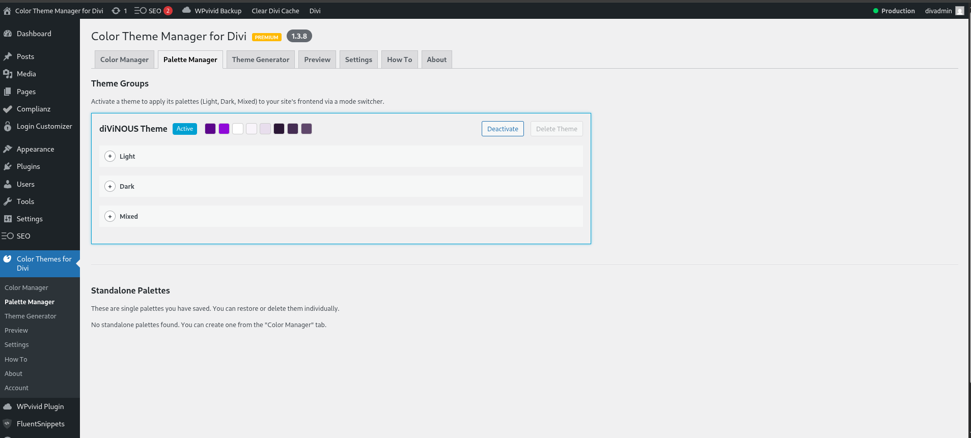 <p>The "Palette Manager" tab, showing saved user snapshots (backups).</p>