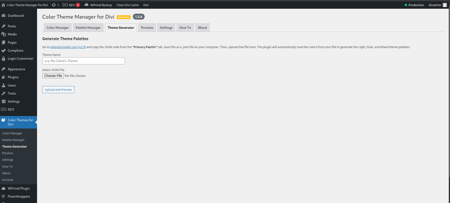 <p>(Premium) The "Theme Generator" tab, showing the process of uploading a JSON file.</p>