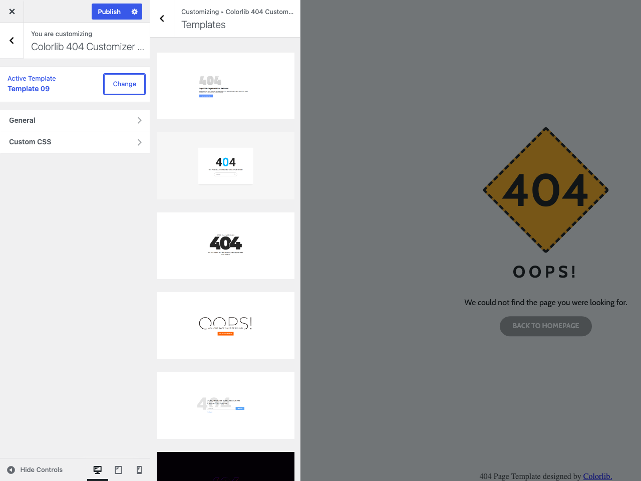 Edit the heading, message and button text and watch the 404 page change as you type. Nothing goes live until you publish.