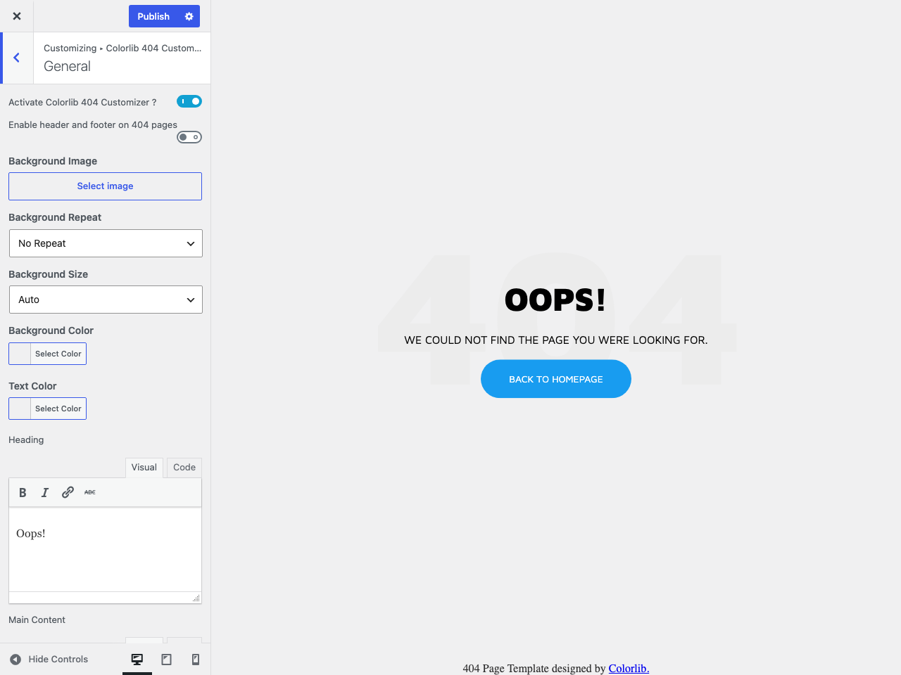 A finished 404 page: designed, responsive, and with a clear way back to your site.