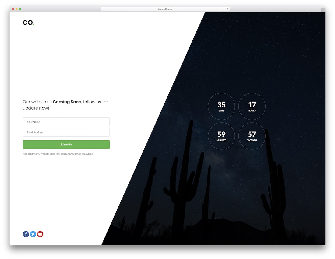 Template 1 — Split layout with subscribe form, countdown timer, and social media icons