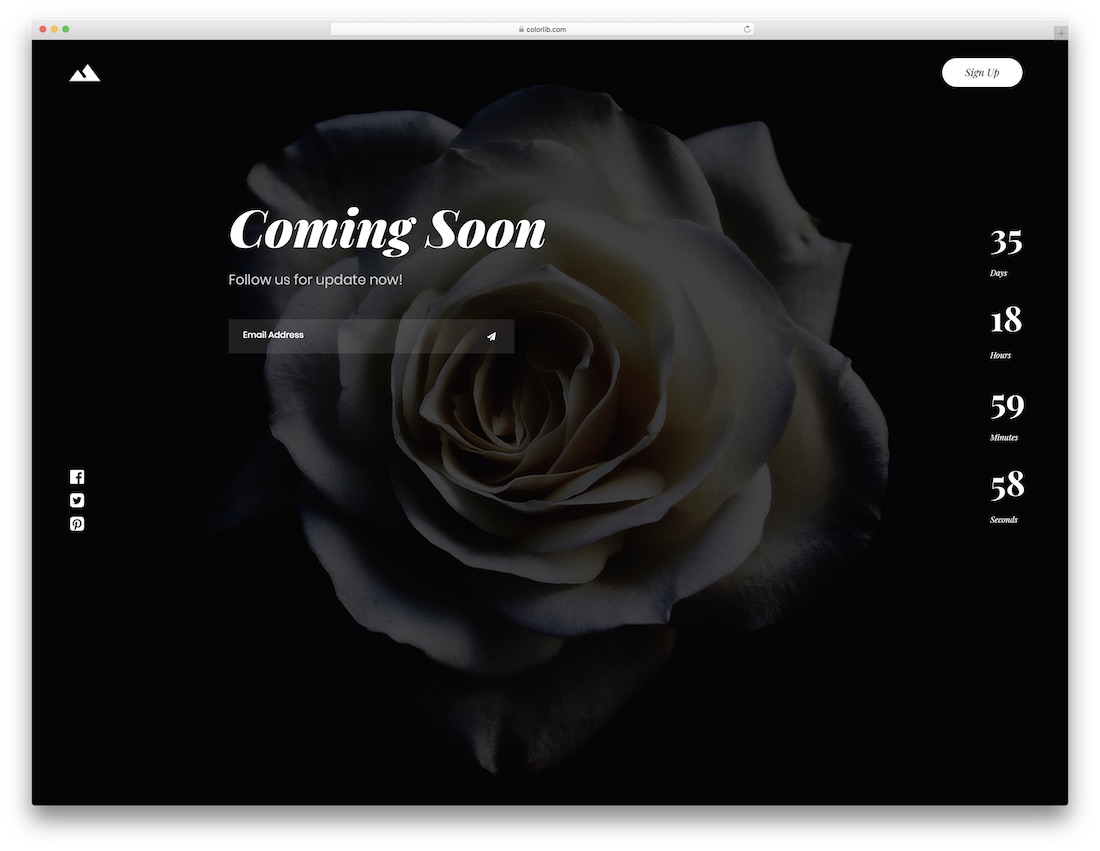 Template 10 — Dark elegant layout with side countdown timer, subscribe form, and social icons