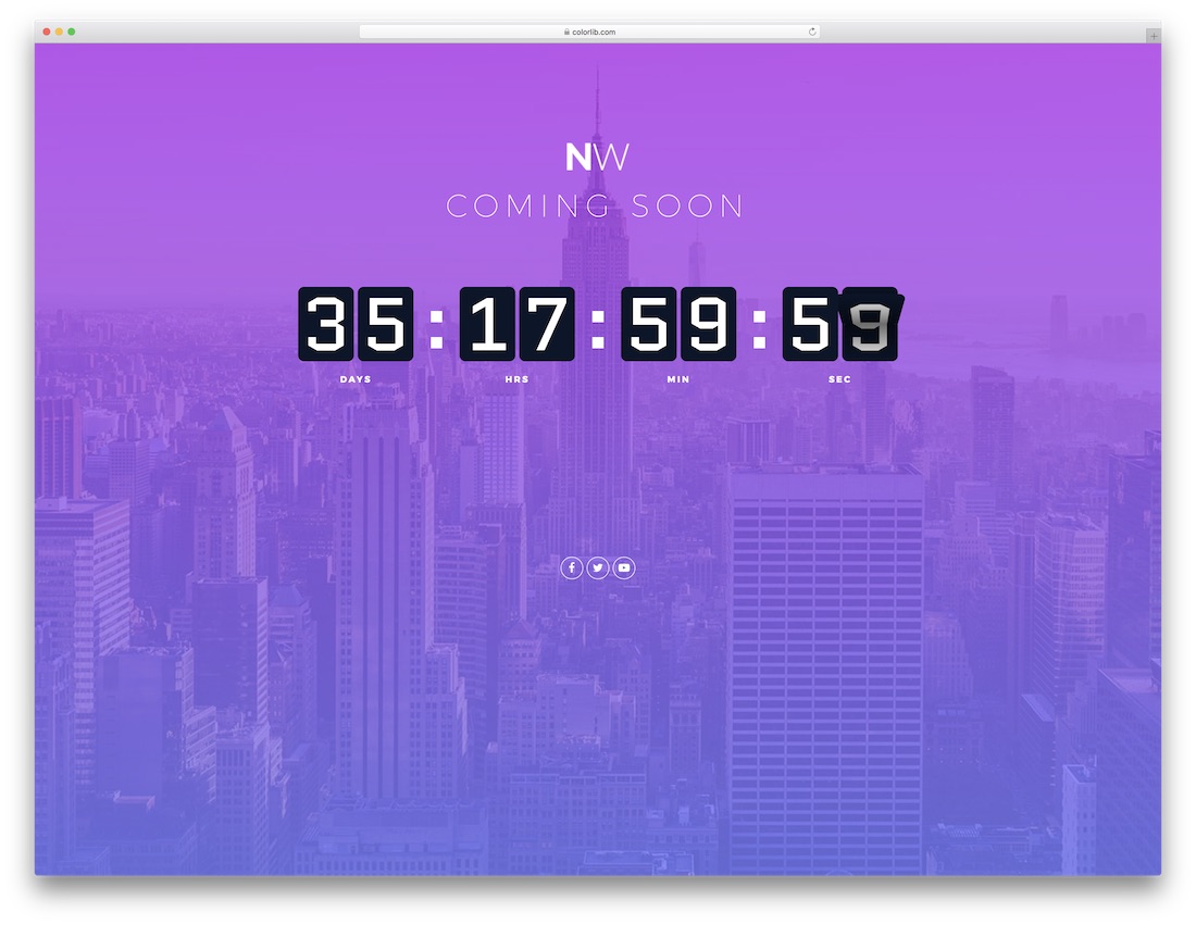 Template 15 — City skyline with purple overlay, flip clock countdown, and social icons