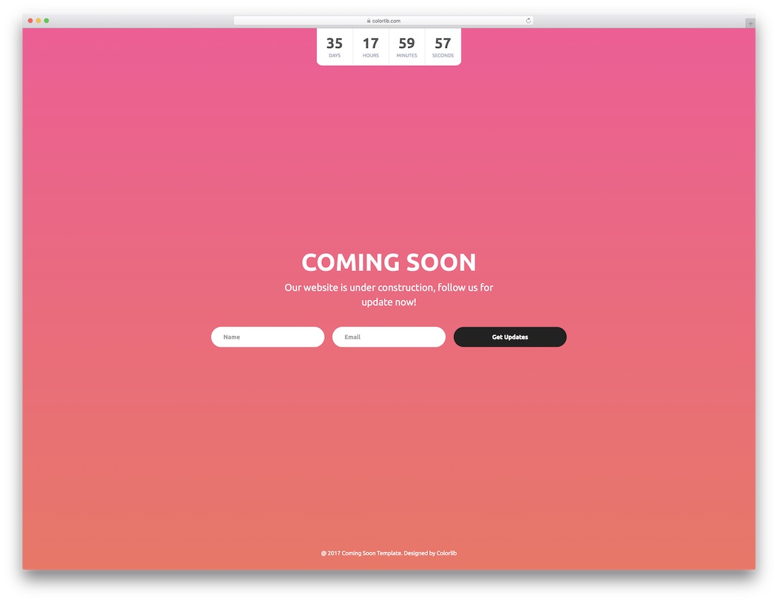 Template 5 — Vibrant gradient with top countdown timer and inline subscribe form