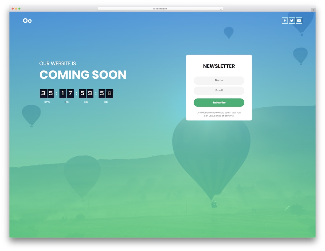 Template 6 — Full-screen background with flip clock countdown, newsletter form, and social icons