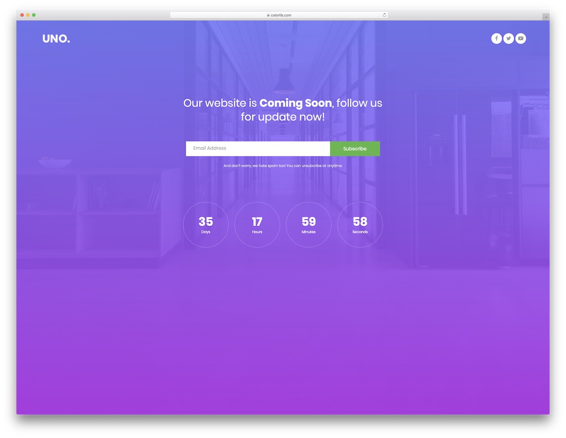 Template 7 — Purple overlay with subscribe form, countdown timer, and social media links