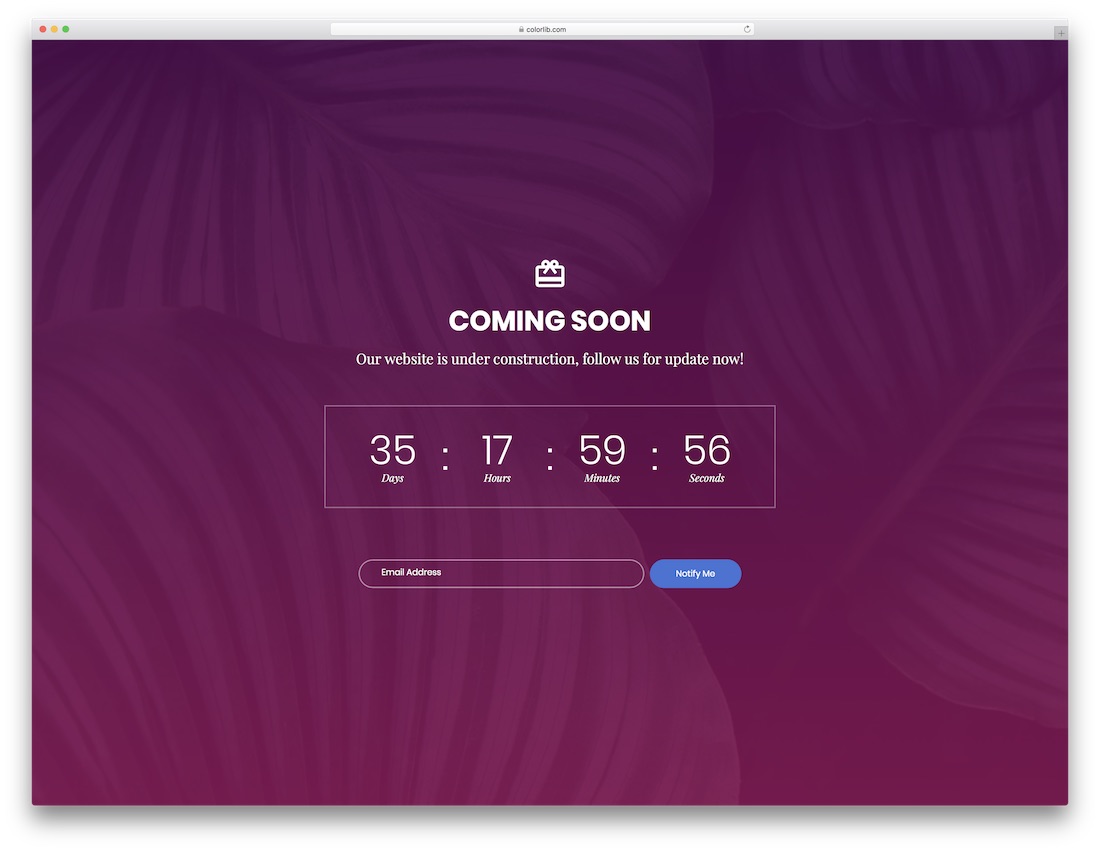 Template 8 — Dark purple background with centered countdown timer and email notification form