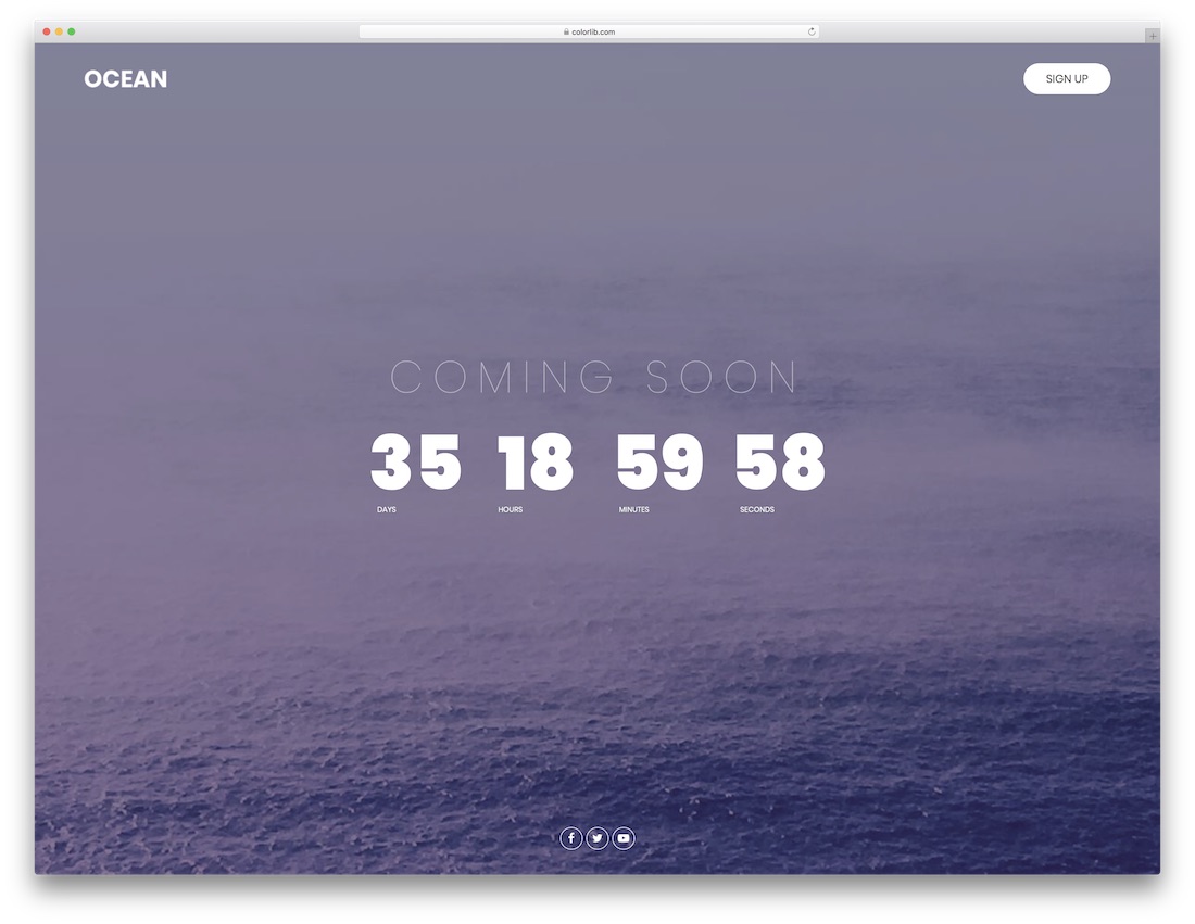 Template 9 — Fullscreen ocean background with large countdown timer and sign-up button