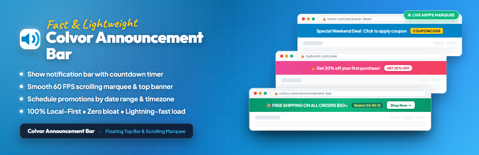 WordPress 外掛 Colvor Announcement Bar – Notification Bar, Marquee & Header Banner 的封面圖片
