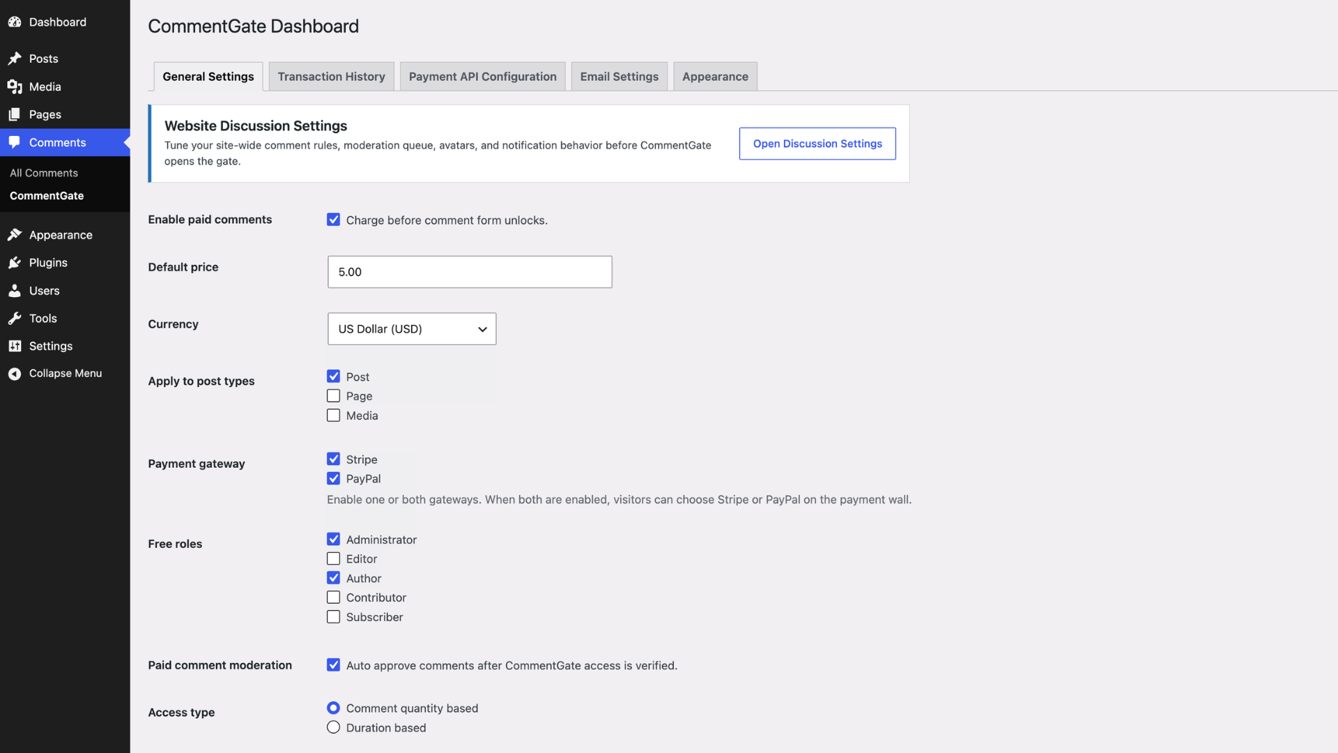 CommentGate Dashboard with General Settings.