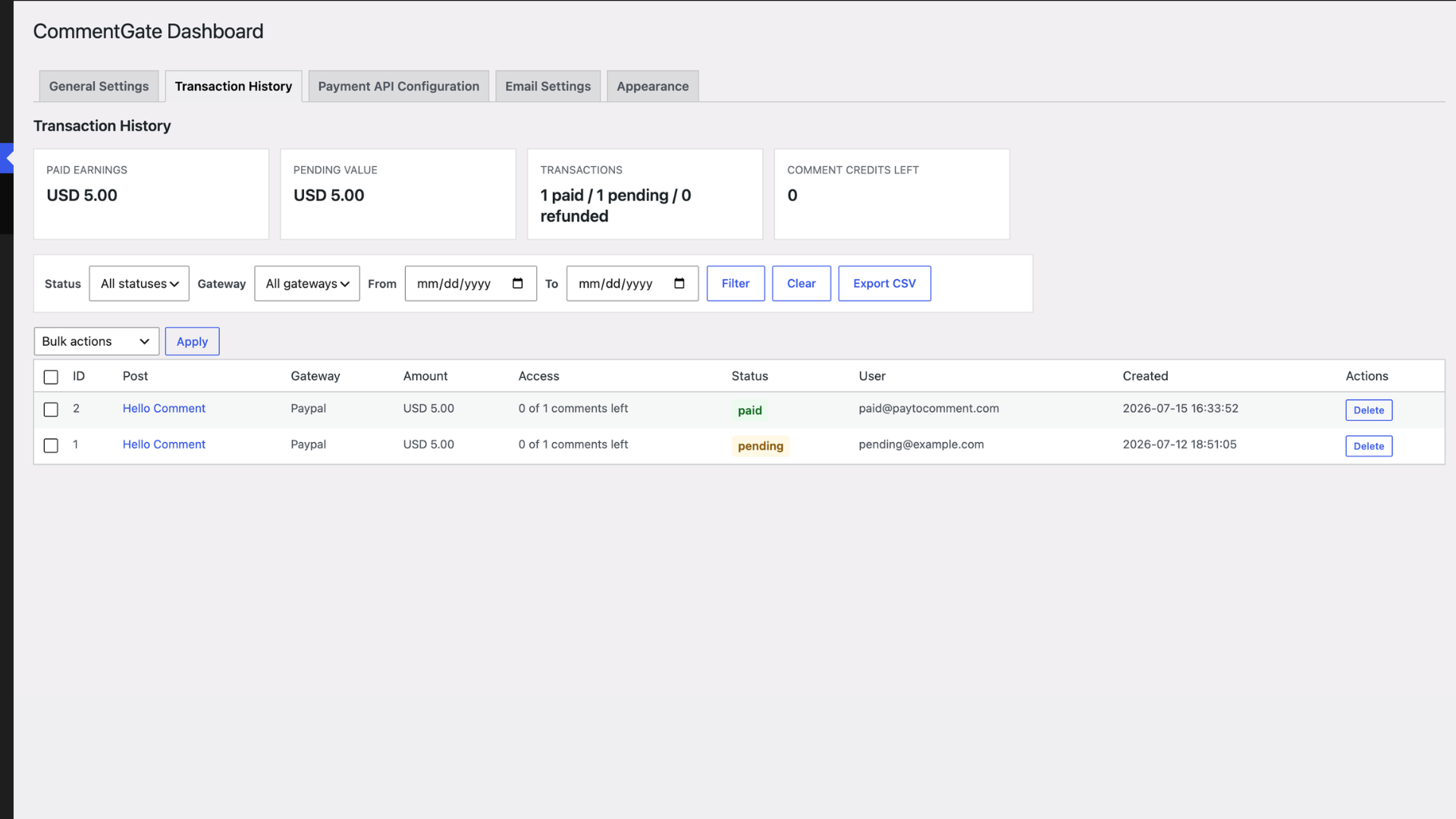 Transaction History with earning summaries and payment filters.