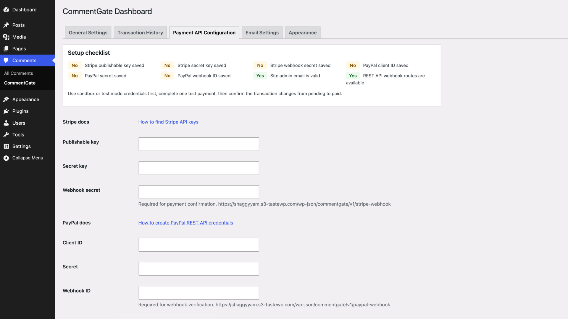 Payment API Configuration for Stripe or PayPal credentials.