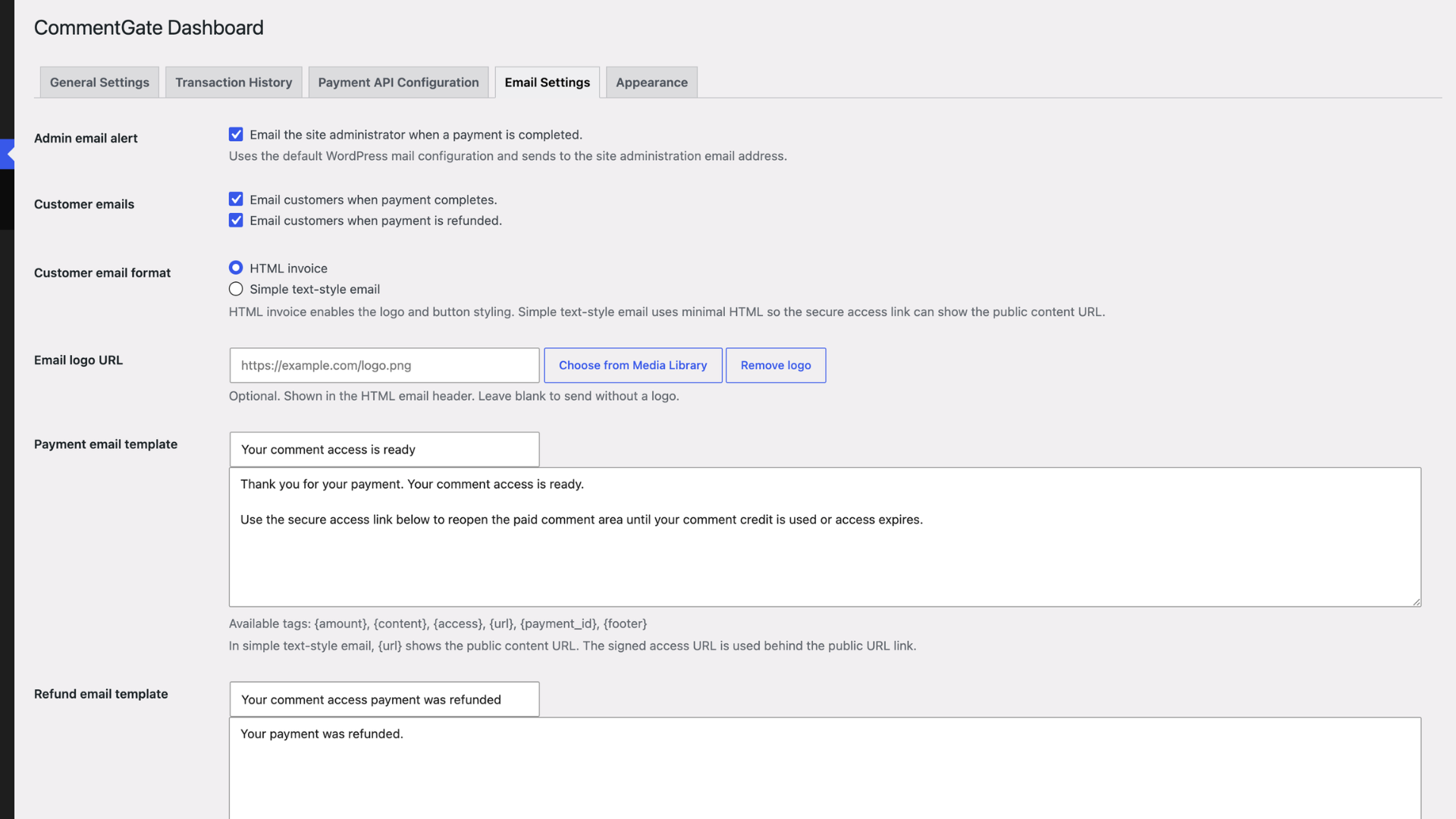 Email Settings with admin alerts, customer emails, HTML invoice or simple text-style email format, Media Library logo selection, and editable templates.