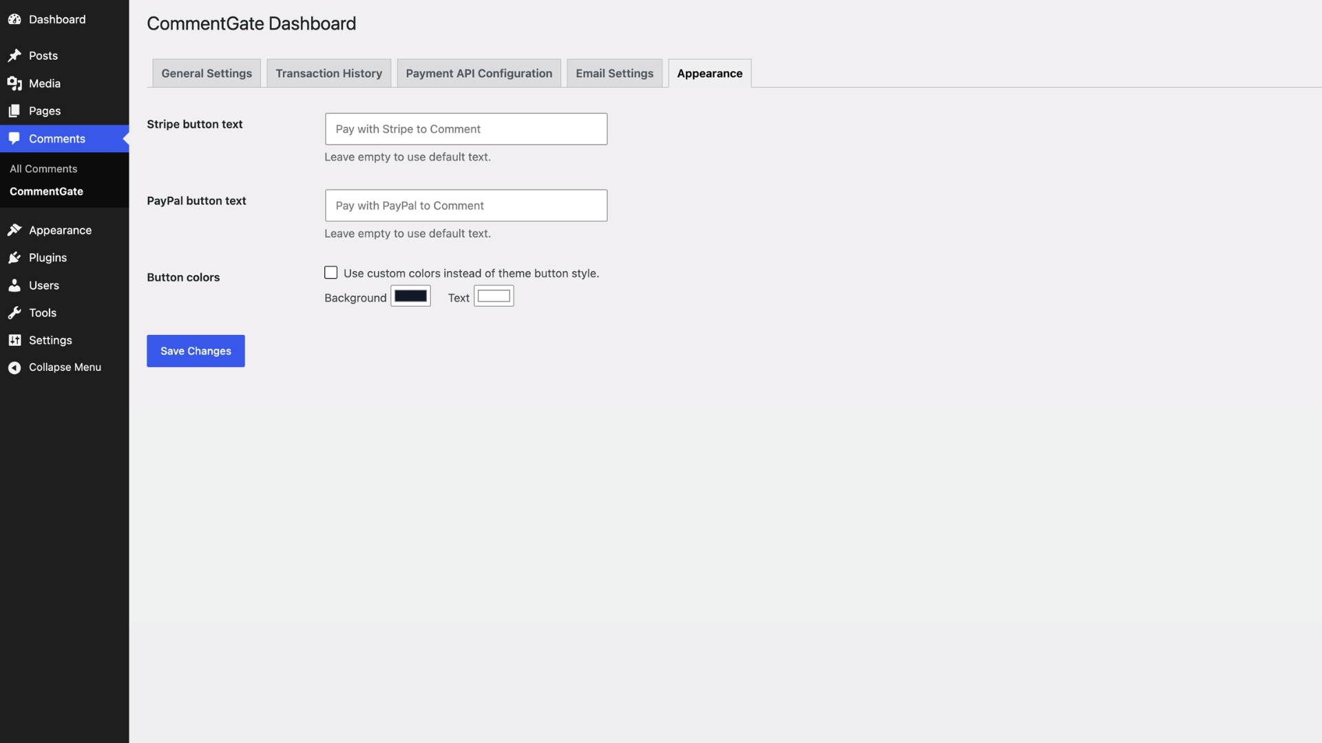Appearance tab with payment button labels and optional custom colors.
