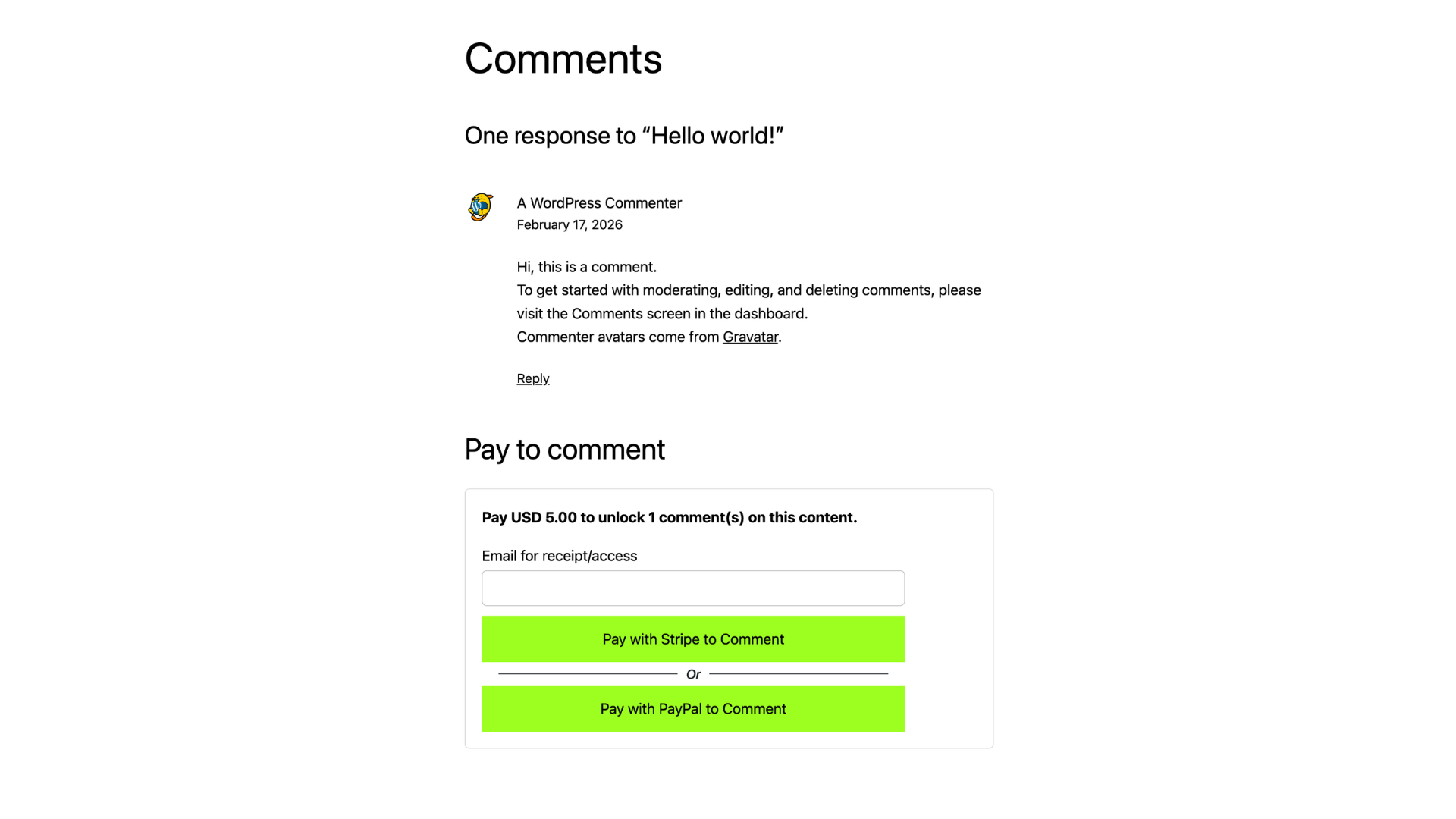 Frontend payment wall before comment access unlocks.