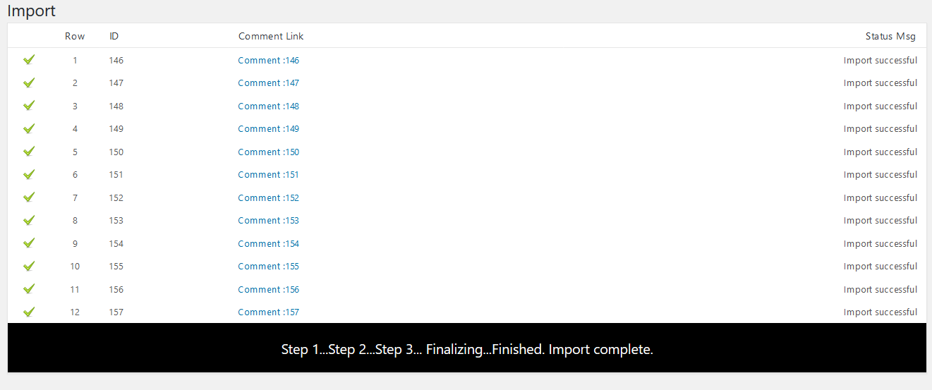 <p>Comment Import Success Screen</p>