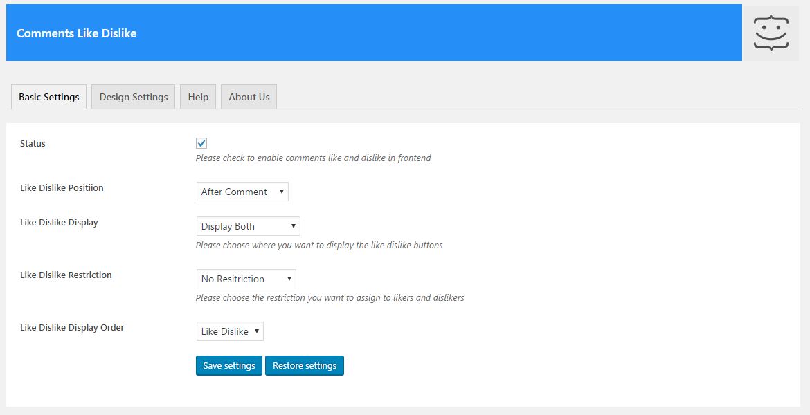 Comments Like Dislike Basic Settings
