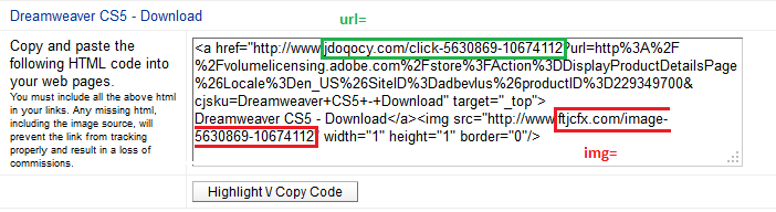 Where to find the url and img arguments for your Commission Junction link.
