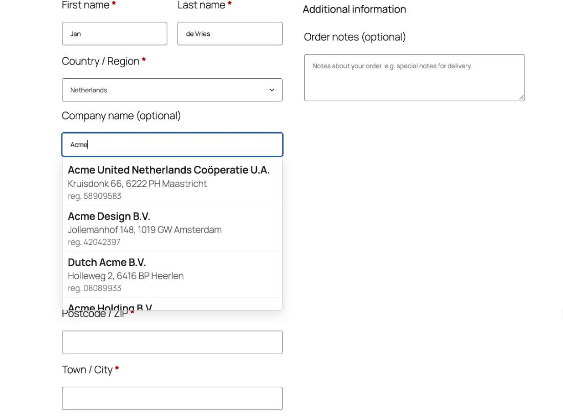 Typing a company name at checkout shows matching companies with their address and registration number.