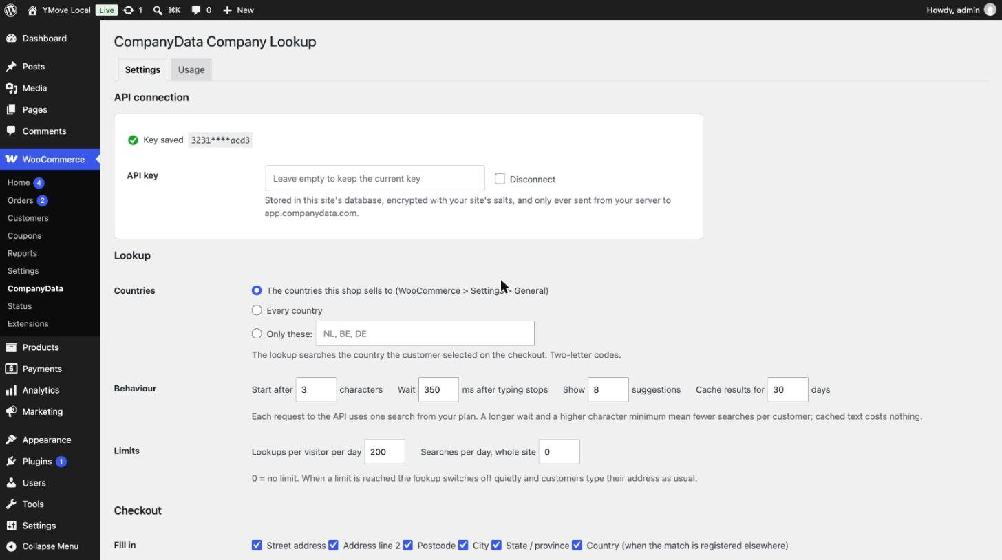 Settings: API key, countries, behaviour, limits and which fields to fill.