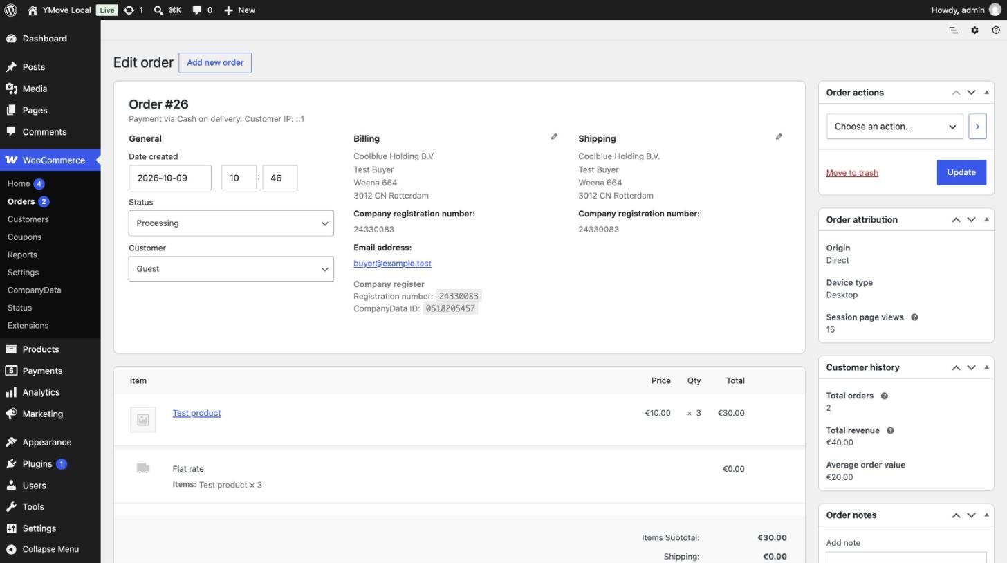 The registration number and CompanyData ID on the order screen.
