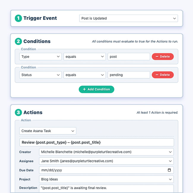 Automatically create Asana tasks as you work in WordPress, such as notifying editors that a post is ready for final review.