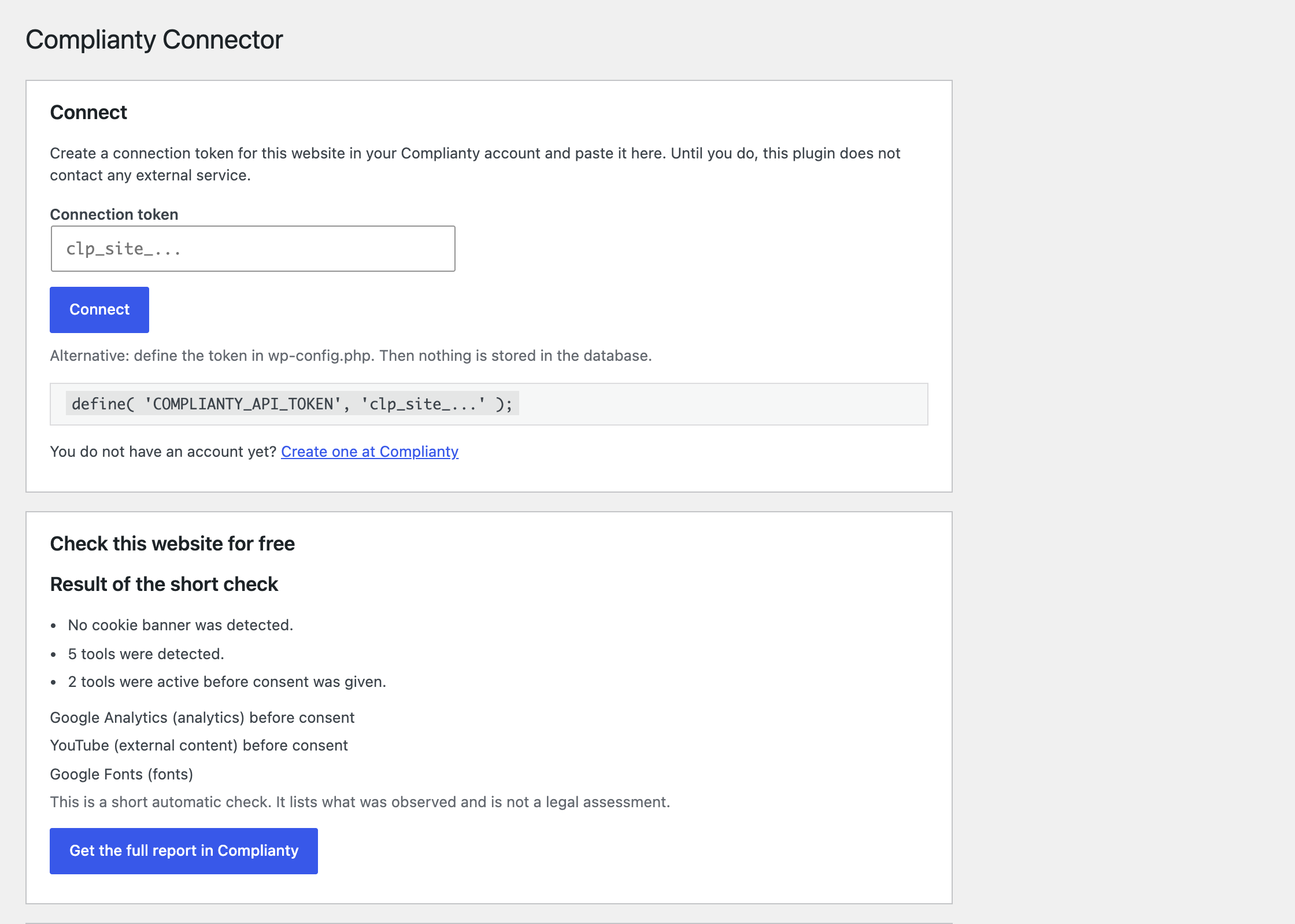 Connect with a token, or run the free check of your own website while no token is set.