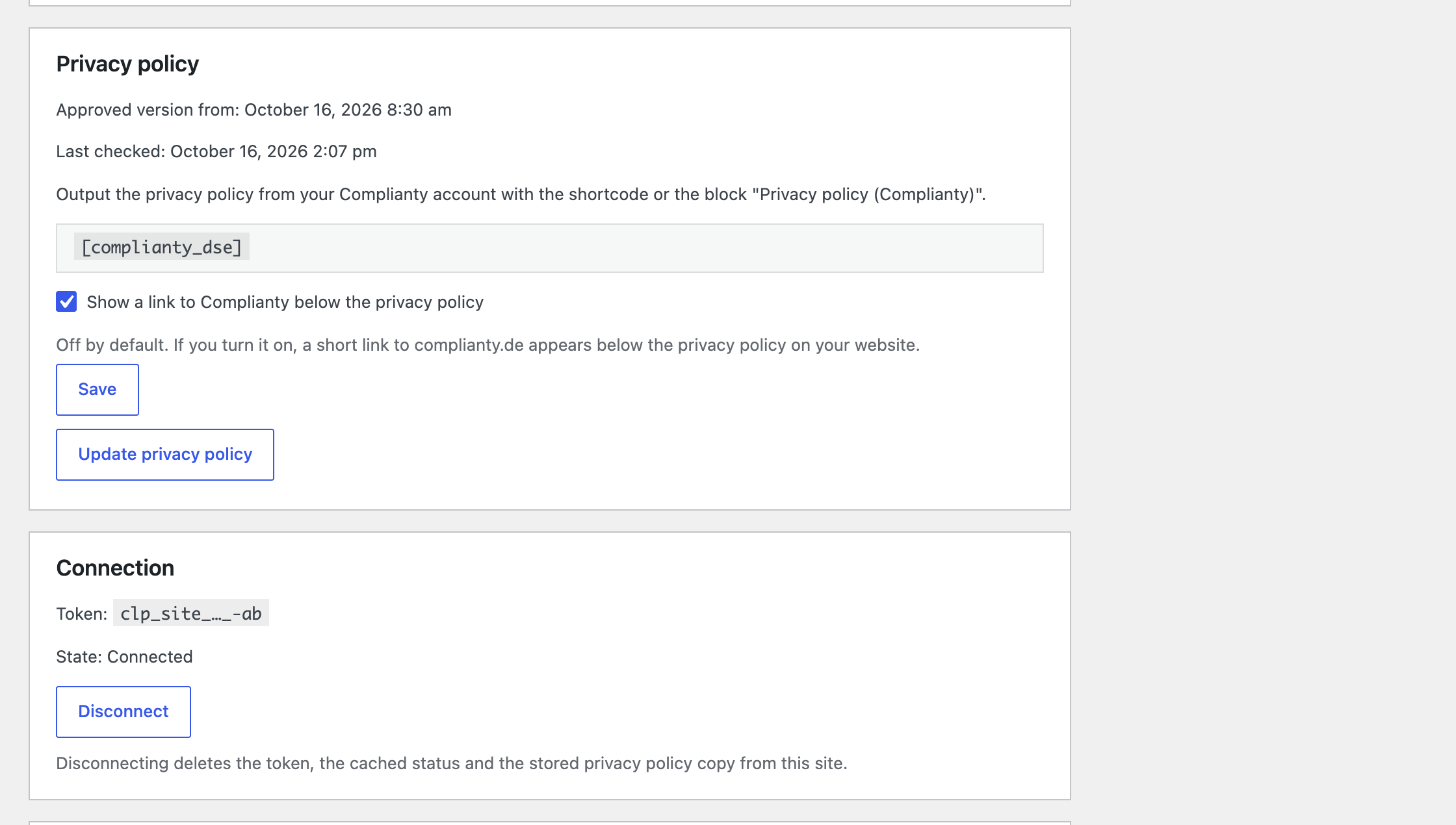 Privacy policy copy with approval date, the optional link setting and the connection.