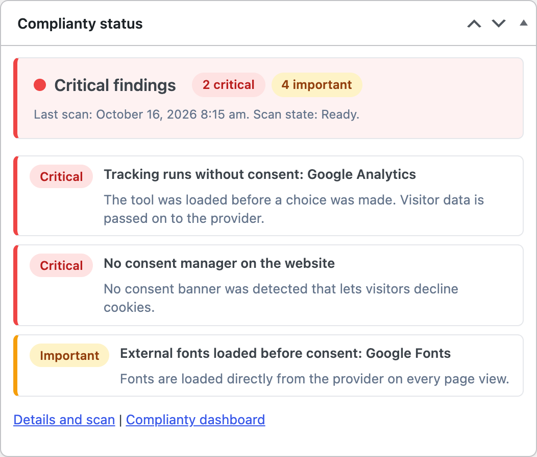 The status in a widget on the WordPress dashboard.