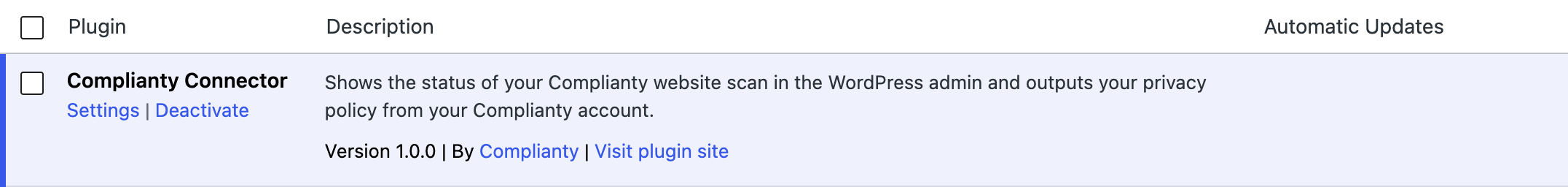 A Settings link next to "Deactivate" on the plugins screen.