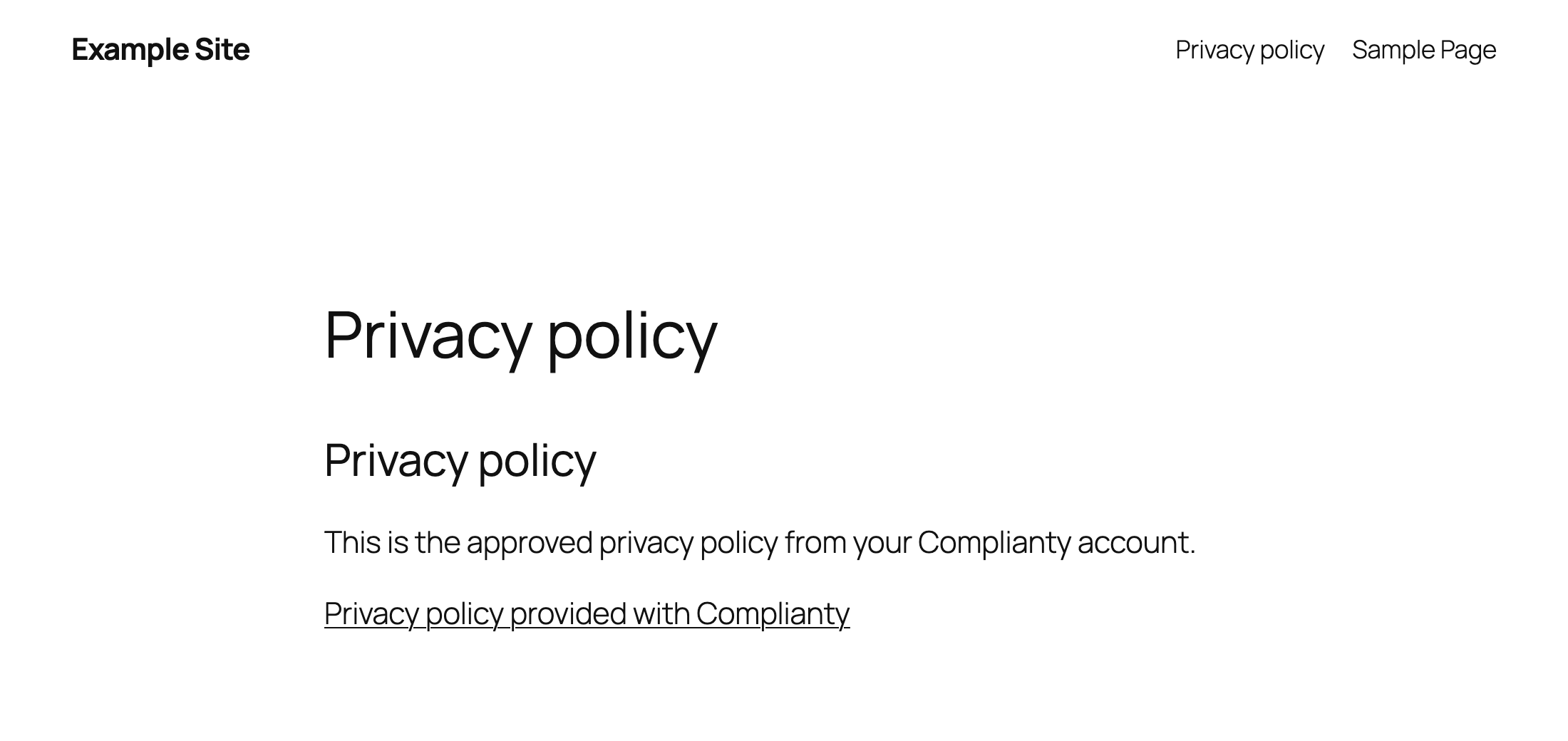 The approved privacy policy on a page, with the optional link to Complianty.