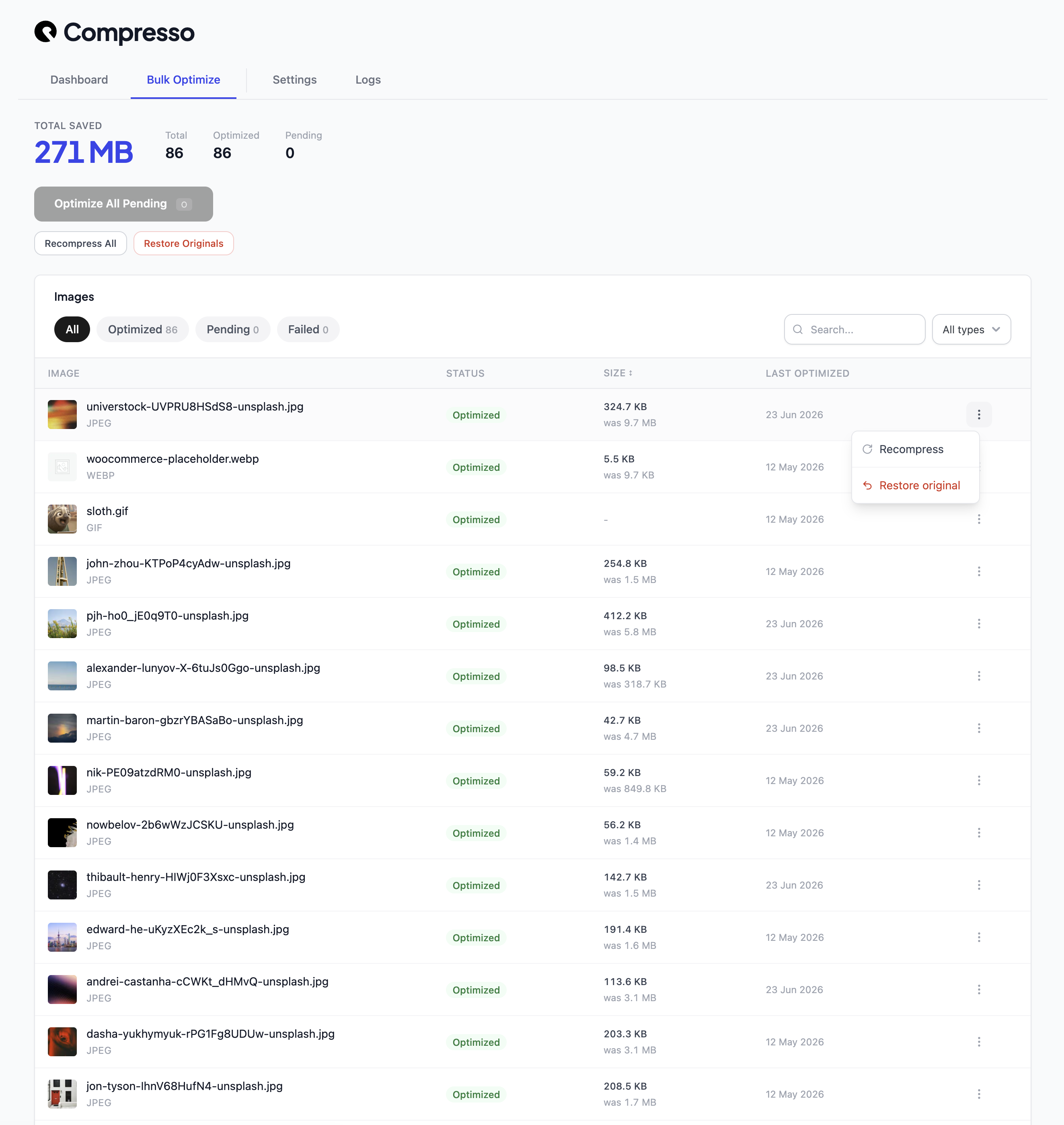 Bulk Optimize - your full media library with before/after file sizes, per-image status, and one-click recompress or restore.