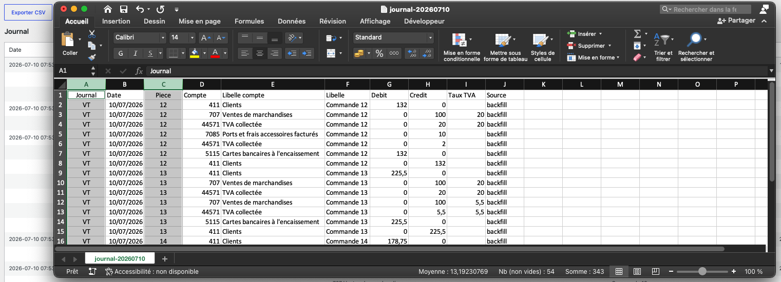 The CSV export, opened in a spreadsheet: one row per movement, ready for your accountant.