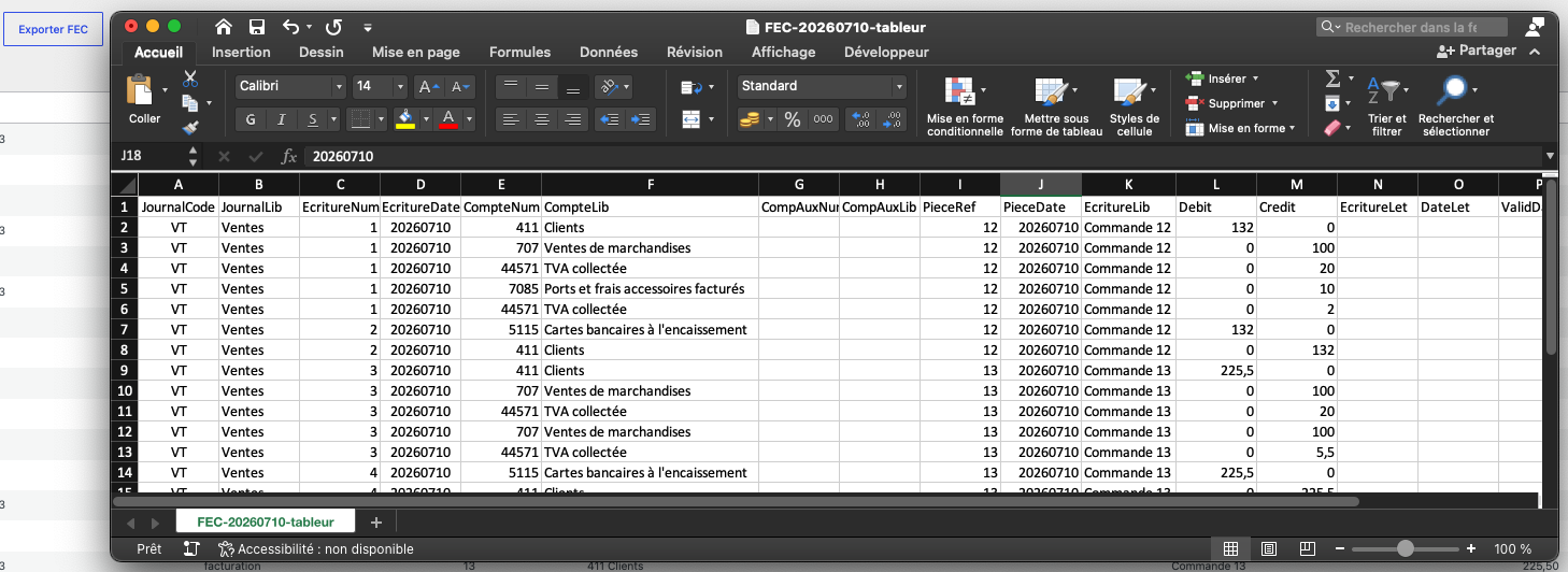 The FEC export: the 18 mandatory columns of the Fichier des Écritures Comptables.